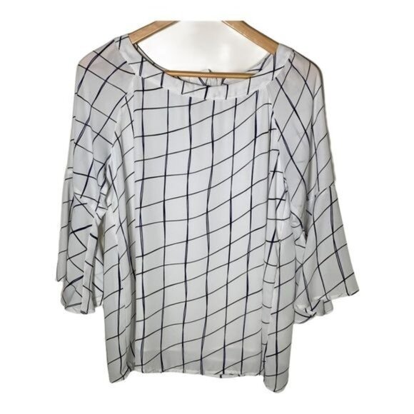 Halogen White Black Plaid Blouse Women’s Small Petite 3/4 Sleeve Work Shirt - Picture 1 of 12